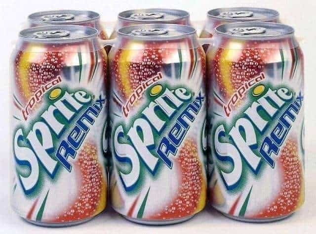 A six-pack of Tropical Sprite Remix cans, a beloved nostalgic drink variant from the early 2000s that has a massive cult following.