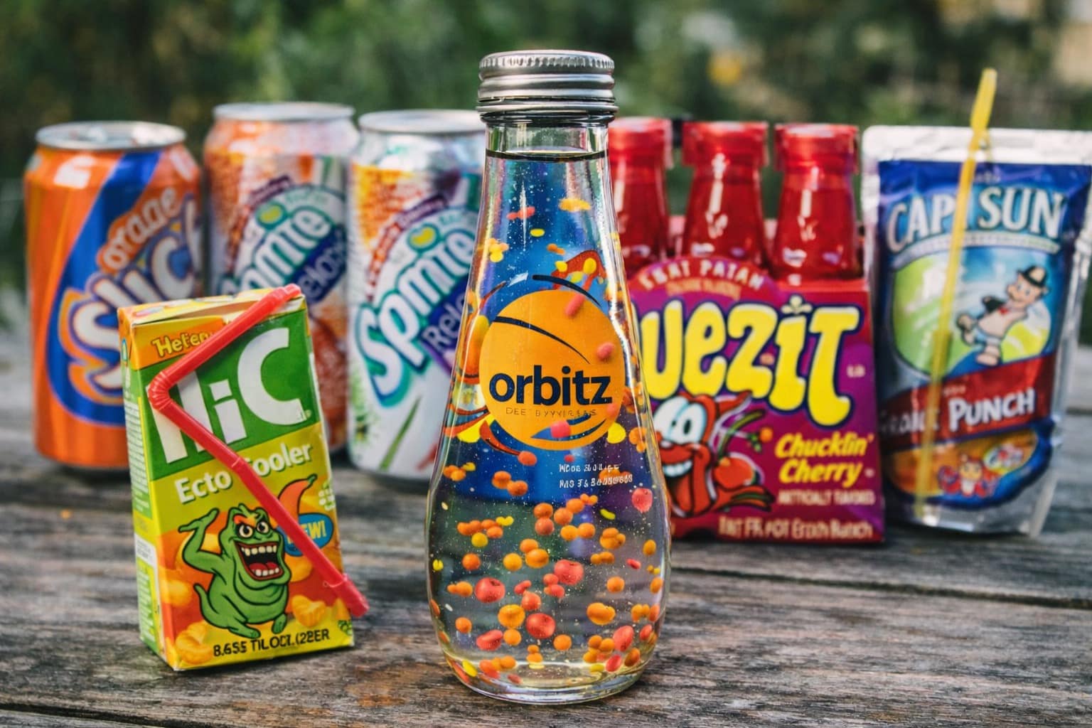 Nostalgic drink compilation: A collage featuring the floating balls in Orbitz soda, the neon green Surge can, and the Michael Jordan glass Gatorade bottles.