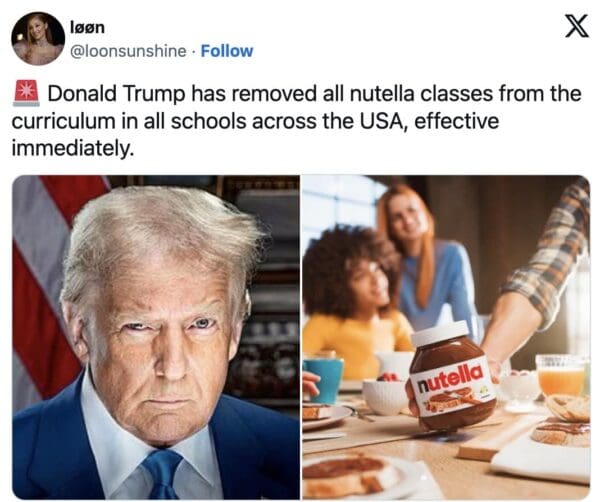 A Nutella tricks meme featuring Donald Trump banning Nutella classes from the US curriculum effective immediately.