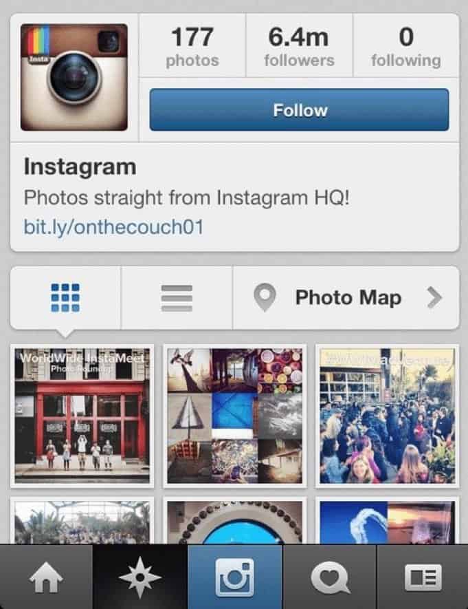 Screenshot of the classic iOS Instagram profile interface with the vintage brown camera logo.