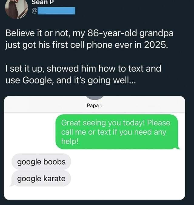 Text message conversation where a grandpa tries to use his grandson as a search engine.