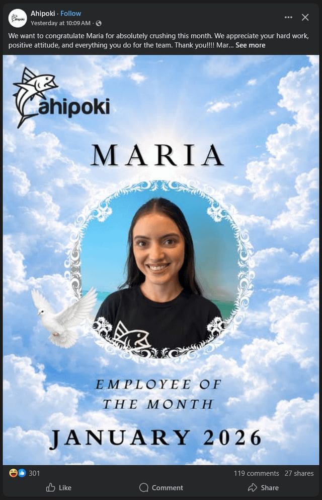 Ahipoki Employee of the Month post for Maria featuring a celestial clouds and dove background.