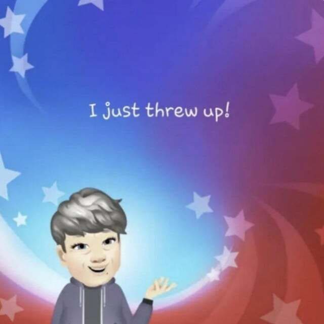 Facebook avatar of a smiling woman with the text "I just threw up!" overhead.