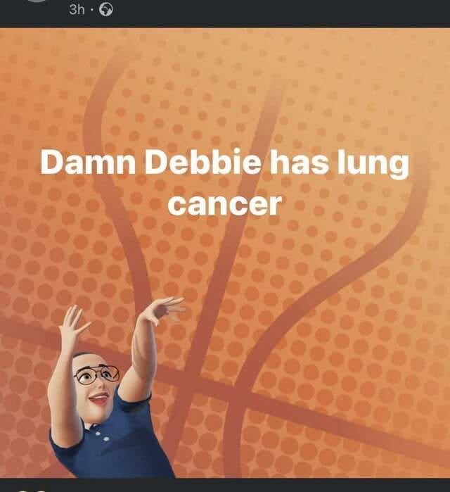 Facebook post on a basketball background announcing that "Debbie has lung cancer."