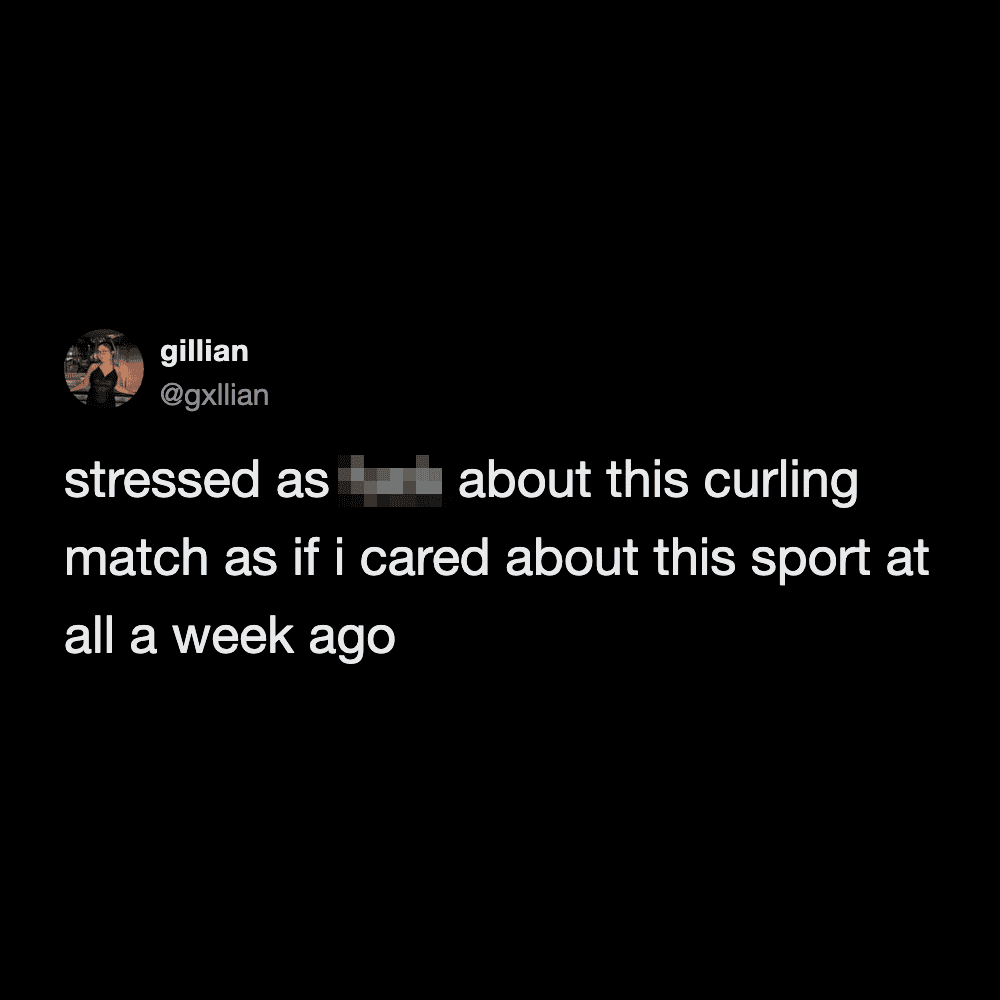 Twitter post from user gillian about being unexpectedly stressed while watching an Olympic curling match.