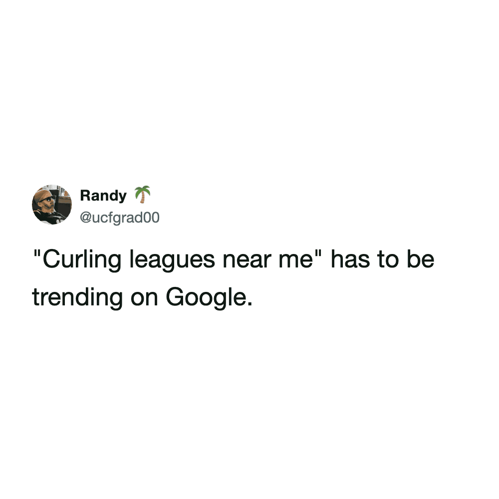 Short social media post from user Randy about curling leagues trending on Google search during the Olympics.