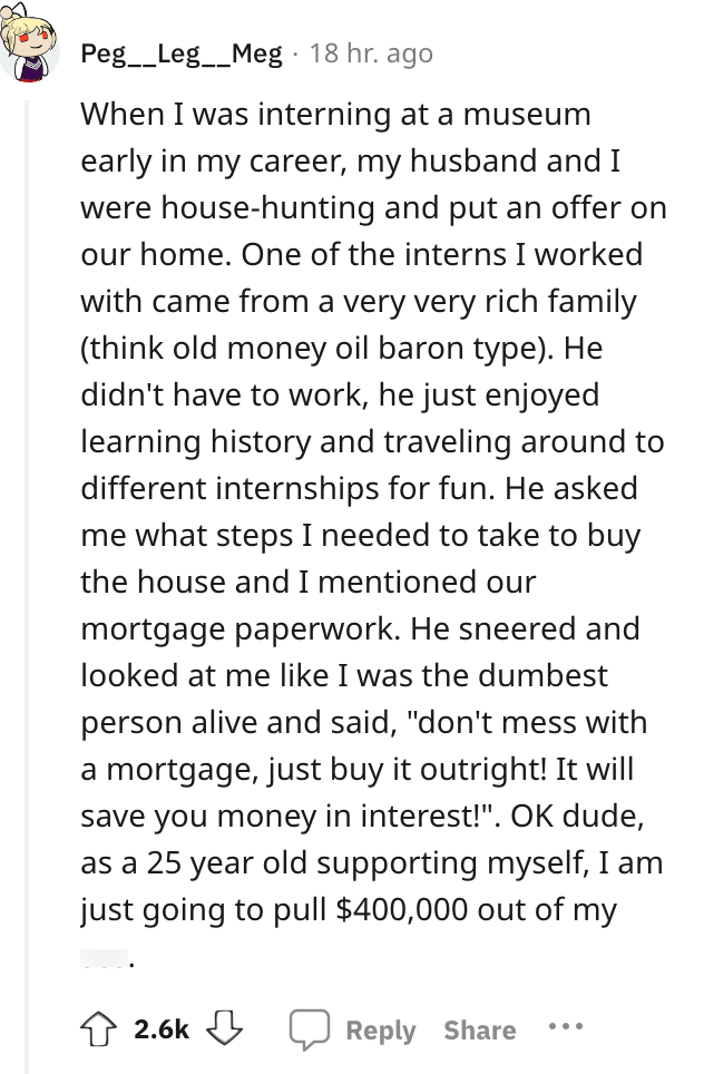 A story about a wealthy intern who suggested buying a $400,000 house outright to avoid interest.