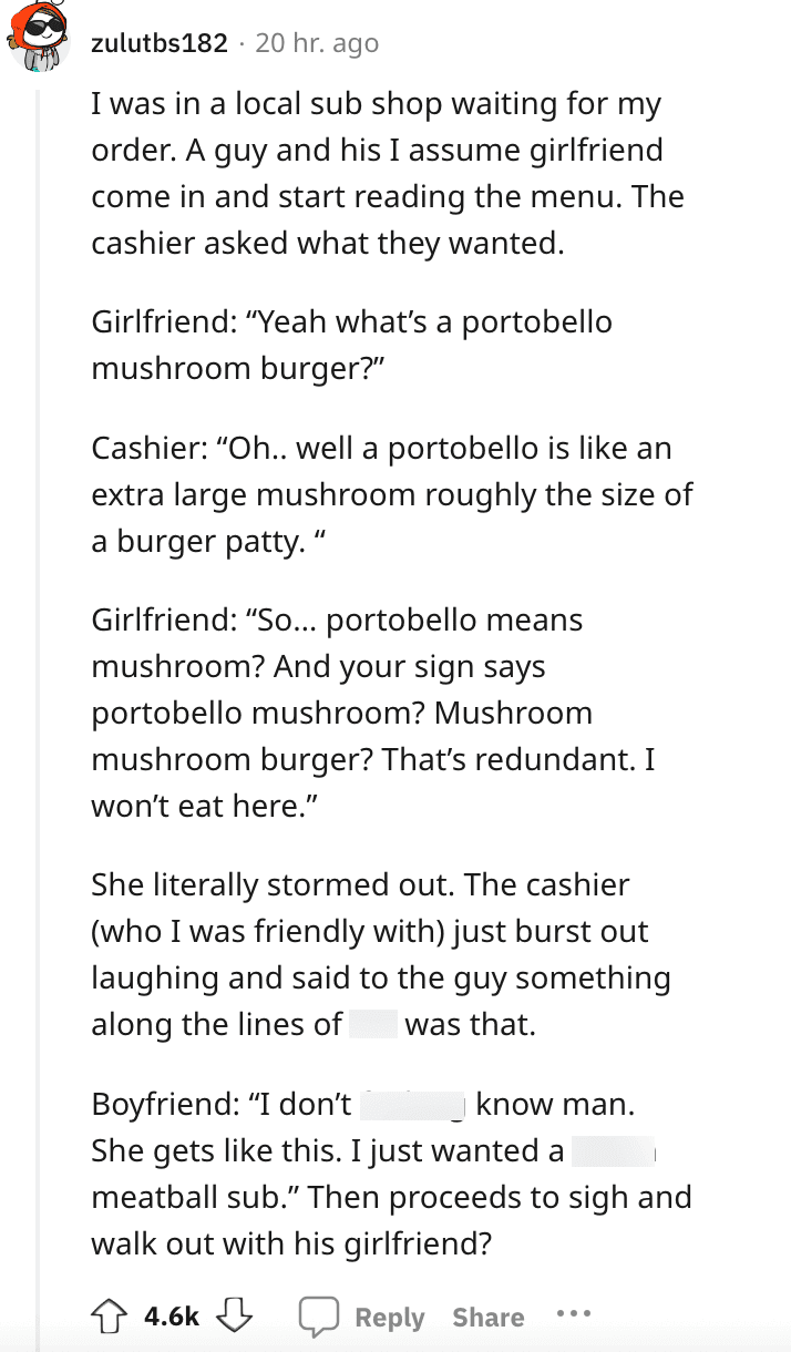 A story about a customer storming out of a shop because portobello mushroom burger is redundant.