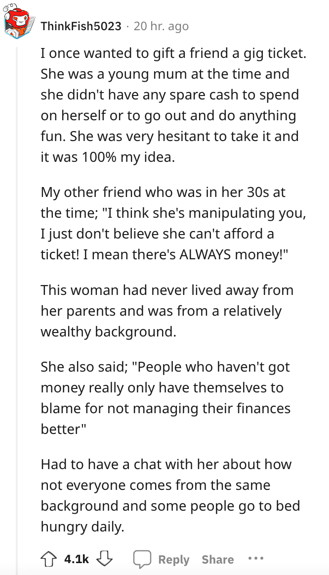 A Reddit comment detailing a wealthy woman's claim that there is always money and no excuses.