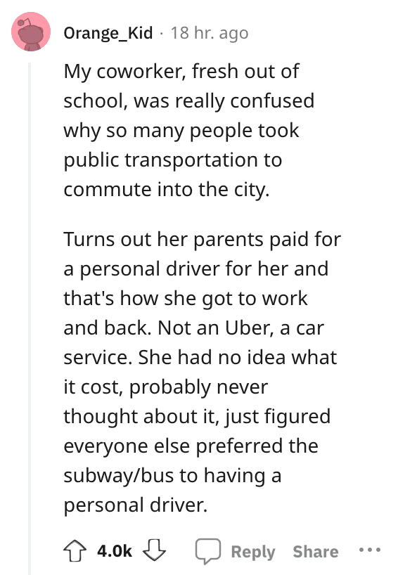 A post about a coworker who didn't understand public transit because her parents provided a driver.