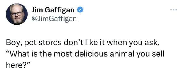 Jim Gaffigan tweet joking that pet store employees get very upset when asked which of their animals is the most delicious.