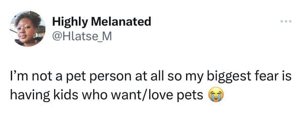 Text post from a non-animal lover confessing their ultimate parenting fear is raising children who desperately want pets.