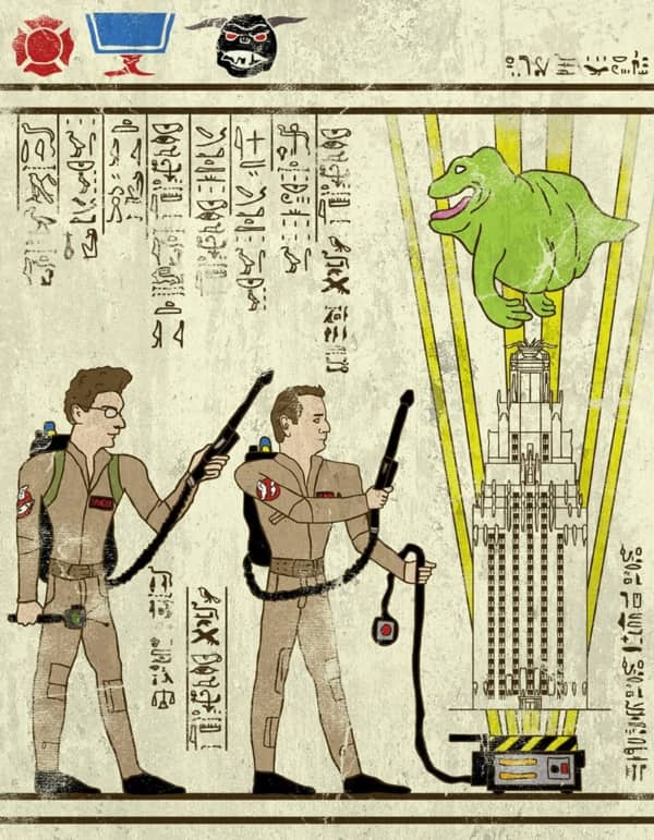 Ghostbusters Egon Spengler and Ray Stantz catching Slimer at the Sedgewick Hotel in an Egyptian hieroglyph style.