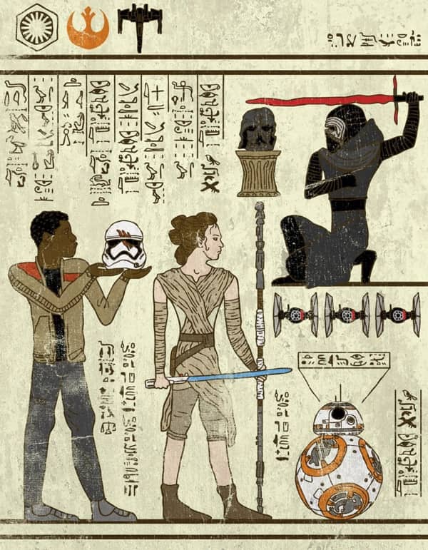 Star Wars sequel trilogy characters Rey, Finn, and Kylo Ren depicted as ancient Egyptian hieroglyphs.