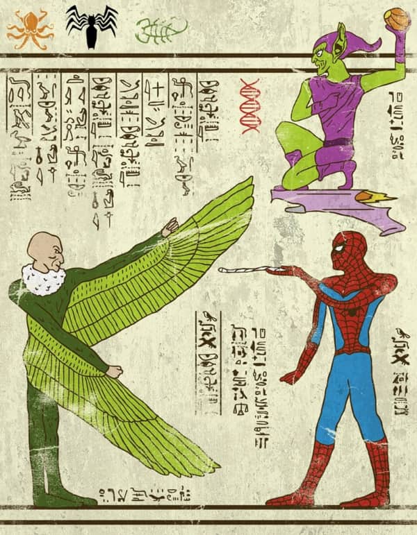 Spider-Man fighting the Vulture and Green Goblin in a creative ancient Egyptian papyrus art style.