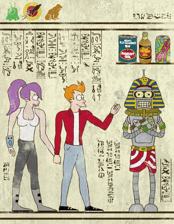 Futurama characters Fry, Leela, and a pharaoh-style Bender illustrated as pop culture hieroglyphs.