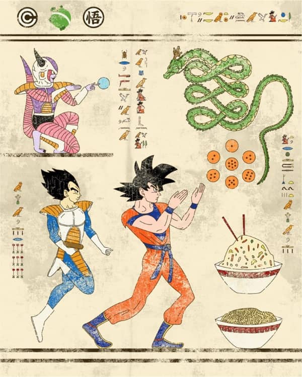 Dragon Ball Z hieroglyphs showing Goku and Vegeta with Shenron the dragon and the dragon balls.