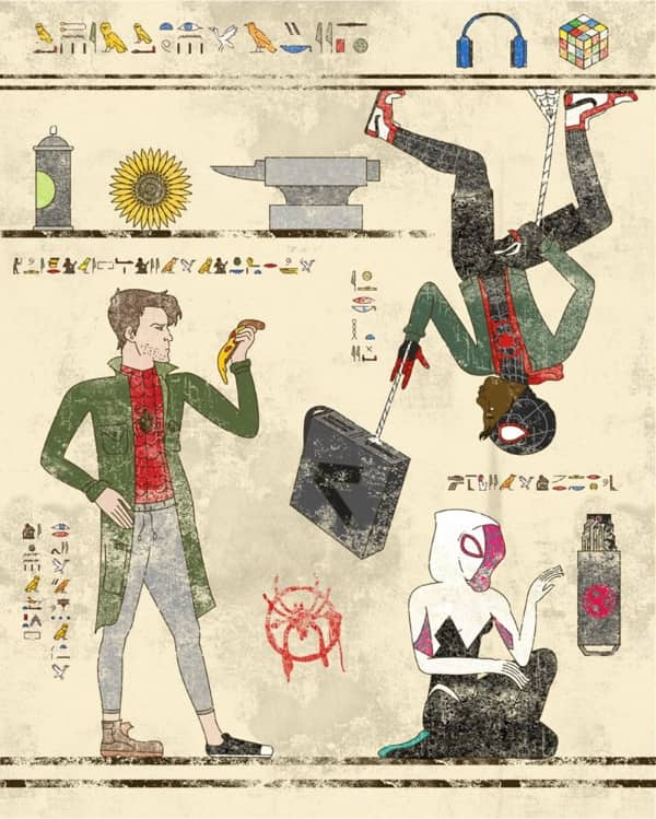 Spider-Verse characters Peter B. Parker, Miles Morales, and Gwen Stacy illustrated as pop culture hieroglyphs.