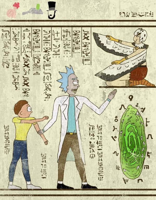 Rick and Morty characters entering a green portal depicted in a humorous ancient Egyptian art style.