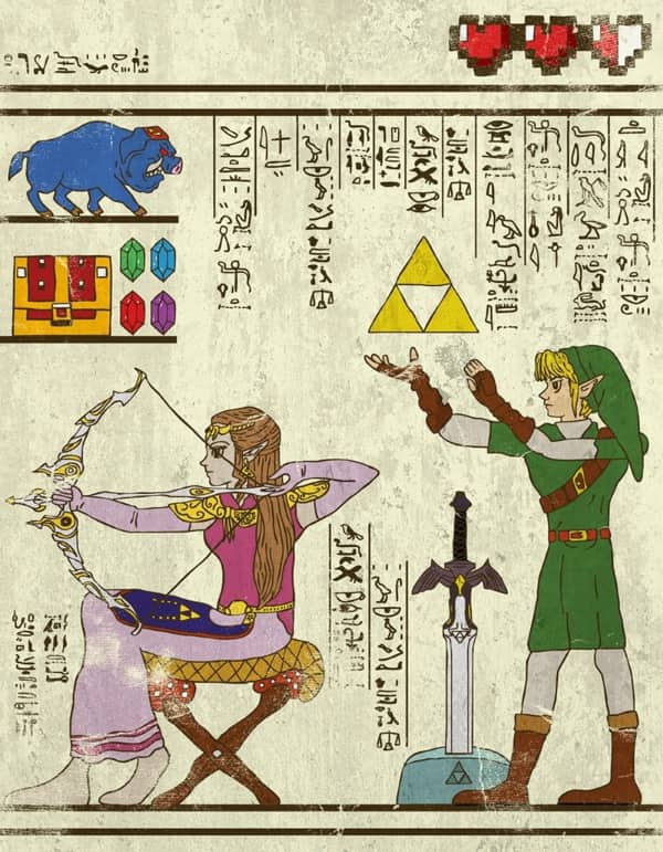 Legend of Zelda hieroglyphs featuring Link and Princess Zelda with the Triforce and Master Sword.