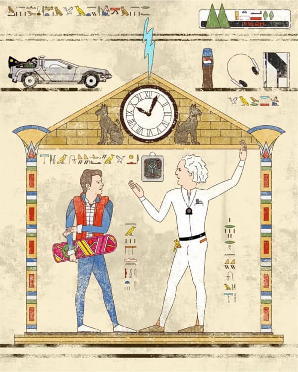 Back to the Future hieroglyphs showing Marty McFly and Doc Brown with the DeLorean and clock tower.