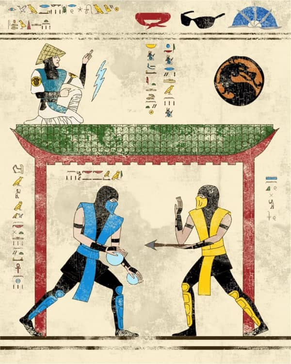 Mortal Kombat fighters Sub-Zero and Scorpion engaged in battle rendered in a traditional ancient Egyptian art style.