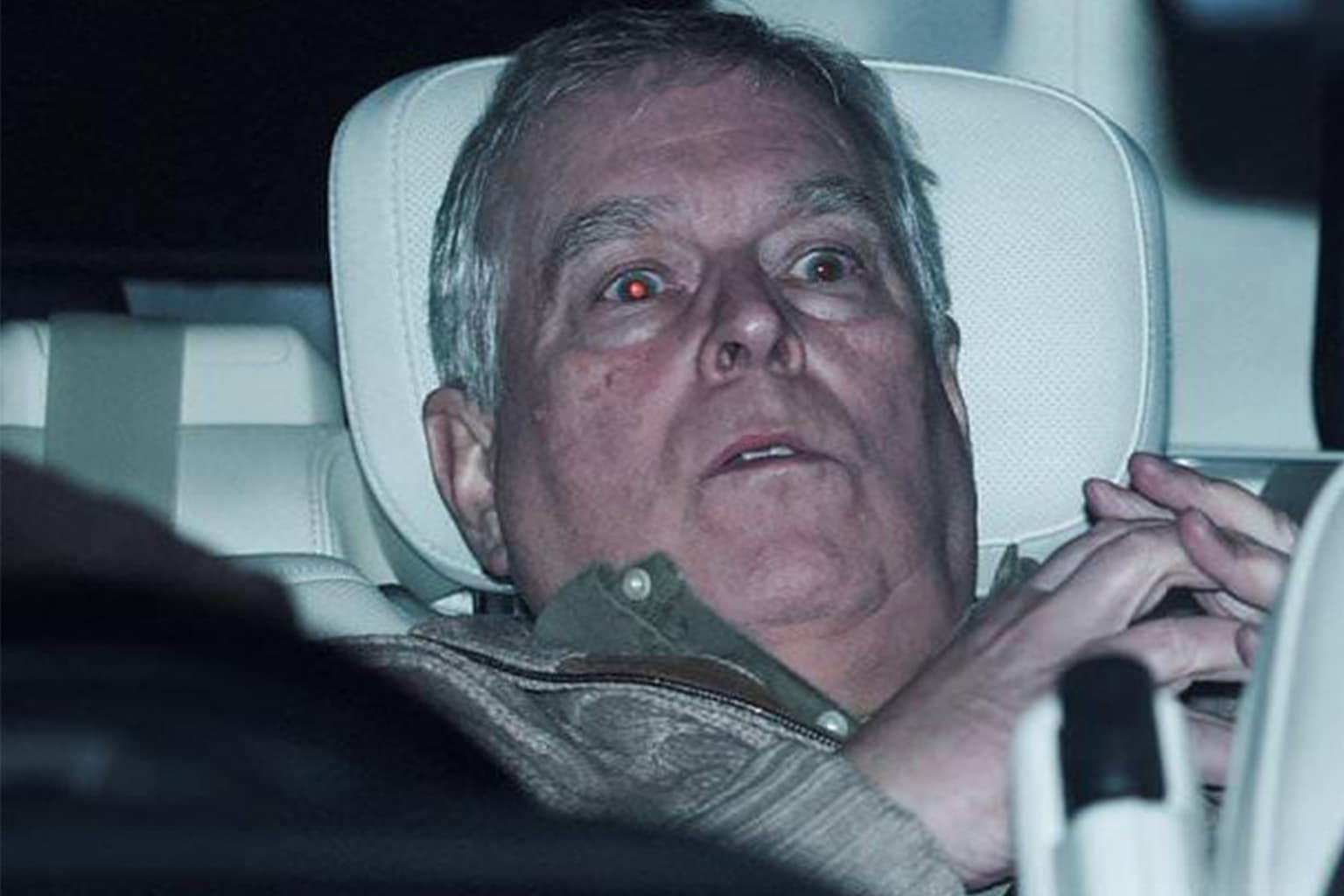 Prince Andrew arrest meme compilation: A collage featuring the terrified paparazzi photo of Andrew in the back of a car, the "succulent Pizza Express Pizza" arrest crossover, and the royal butler serving tea to a heavy iron prison door.