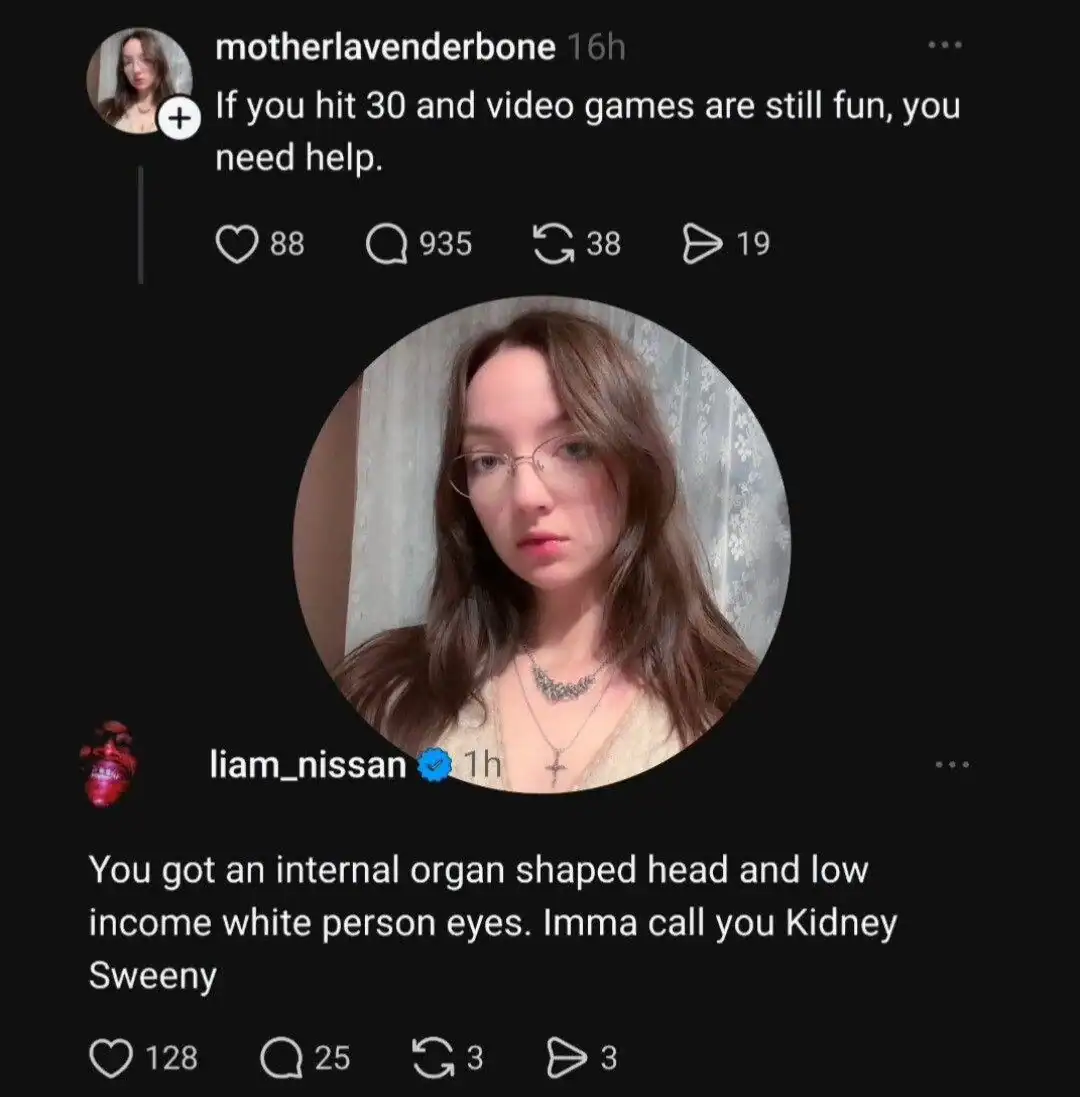 Social media post featuring a savage roast comparing a woman's appearance to a kidney and Sydney Sweeney.