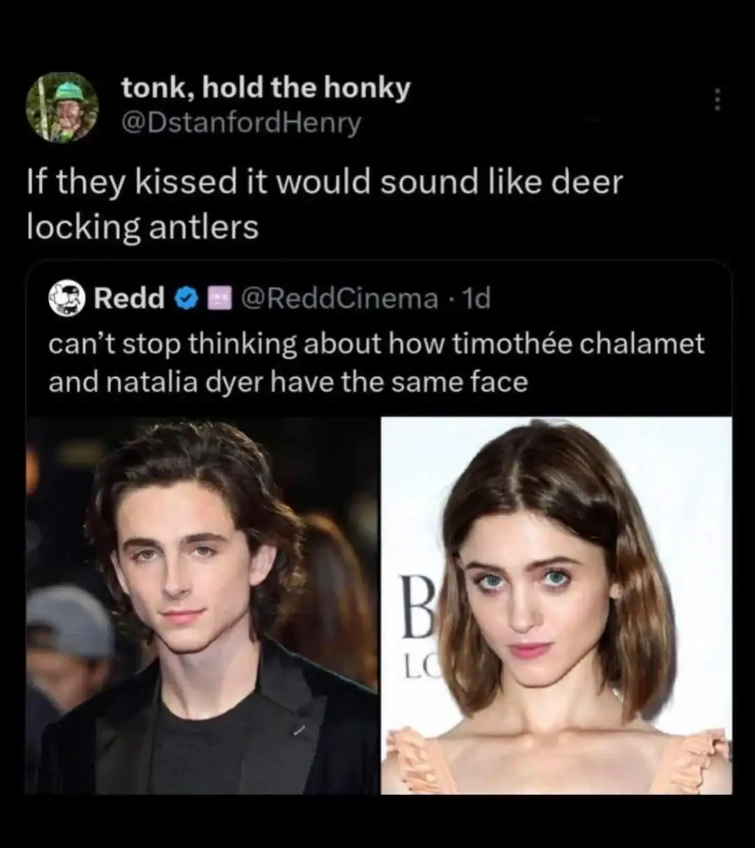 Comparison of Timothée Chalamet and Natalia Dyer with a comment about their sharp features sounding like antlers.