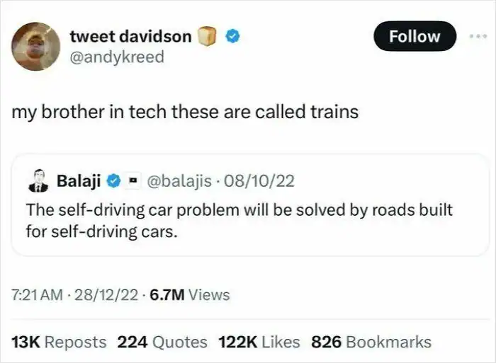 Tech industry roast pointing out that a pitch for self-driving car roads is actually just describing trains.
