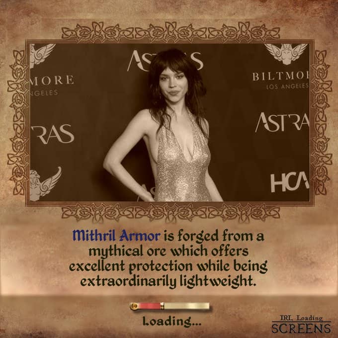 A fantasy RPG real life loading screen description applied to a celebrity in a shimmering silver dress, identifying her outfit as "Mithril Armor" that offers excellent protection.