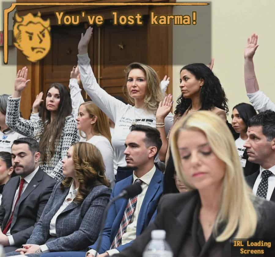 A Fallout-style real life loading screen notification showing the "Vault Boy" icon and "You've lost karma!" superimposed over a courtroom scene of women swearing an oath.