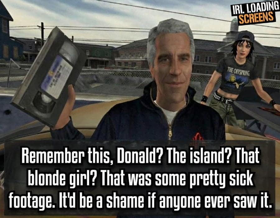 A Grand Theft Auto style real life loading screen mission prompt featuring a digital Jeffrey Epstein holding a VHS tape, taunting "Donald" about "sick footage" from the island.