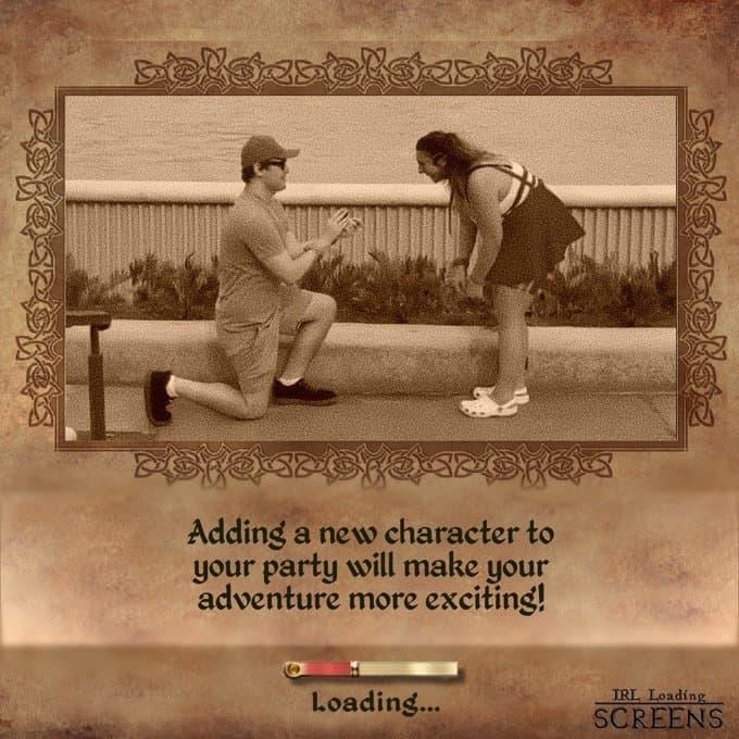 A wholesome IRL loading screens tip showing a marriage proposal, advising users that "Adding a new character to your party will make your adventure more exciting."