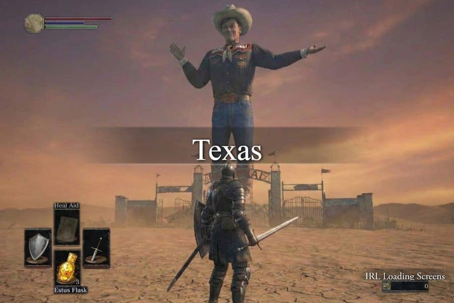 A Dark Souls boss fight IRL loading screens showing a knight character facing off against a colossal, welcoming cowboy statue simply labeled as the region "Texas."
