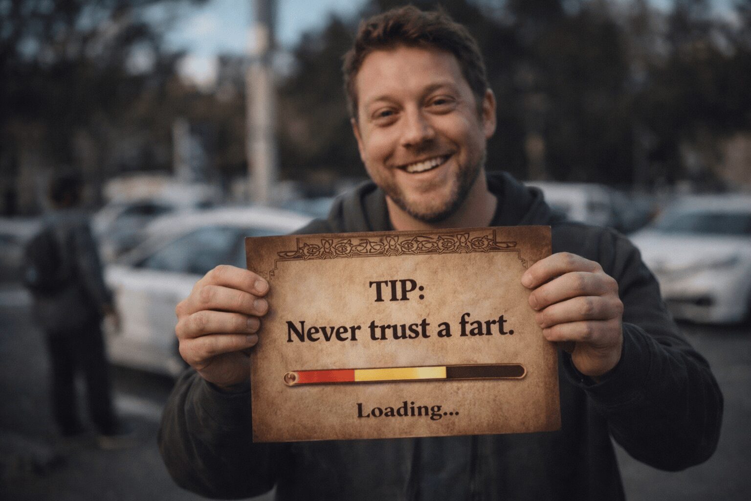 Real life loading screen compilation: A collage featuring the RPG tip about onions reflecting "melee damage," the Dark Souls boss fight against the giant "Texas" cowboy, and the "unlocked Pay Later for rent" achievement.