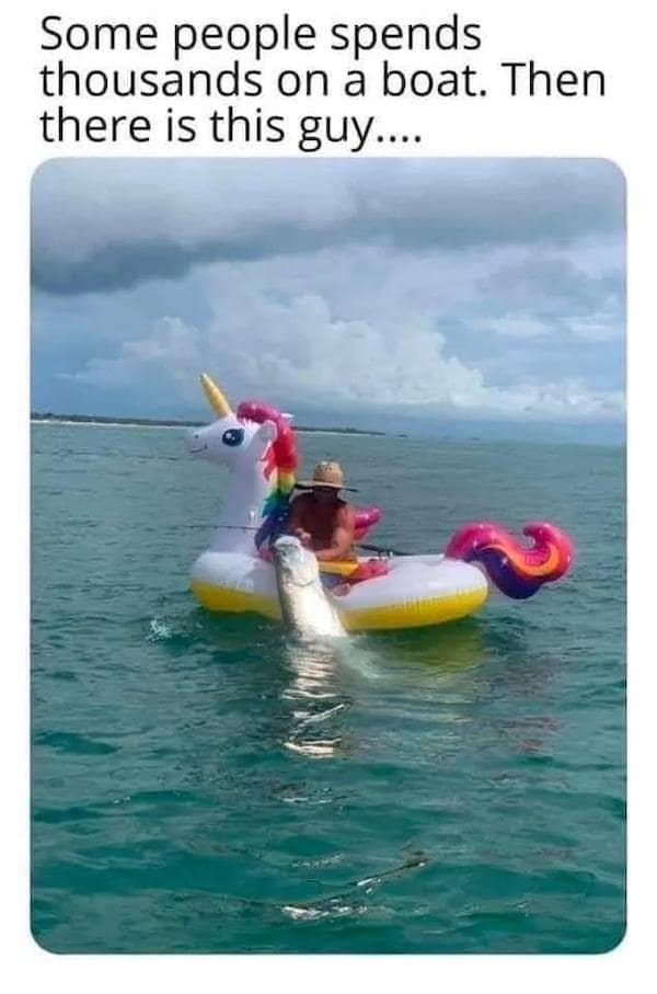 A redneck ingenuity meme showing a man fishing from a giant inflatable unicorn float instead of an expensive boat.