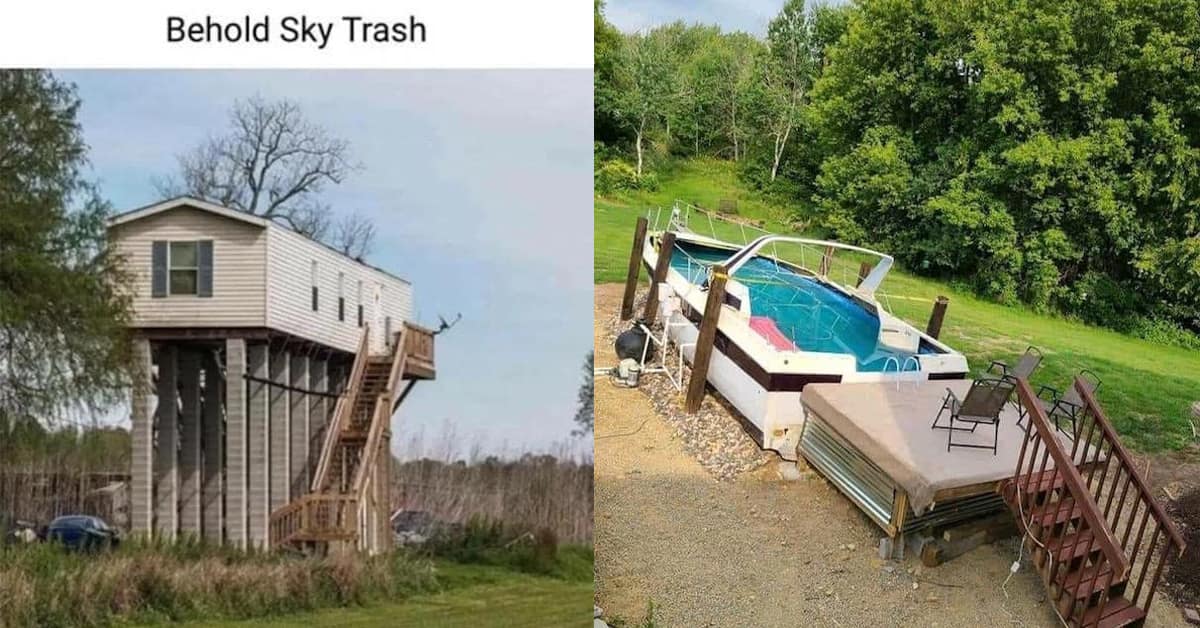 Collection of redneck ingenuity masterpieces including the mobile home on stilts, the mailbox exhaust pipe, and the Sprite bottle shower head.