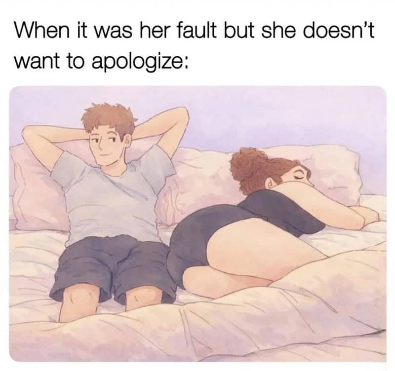 Illustration depicting a woman facing away in bed while a man looks on with a smirk.