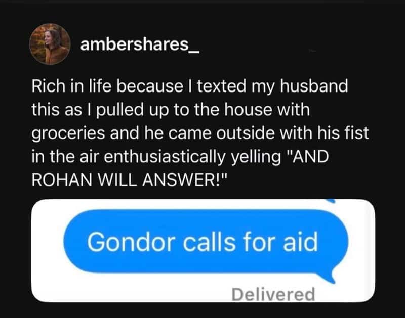 Heartwarming text exchange using a Lord of the Rings reference to ask for help with groceries.