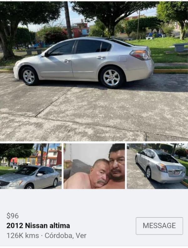 A hilarious dating meme showing a Facebook Marketplace fail where a seller accidentally included an intimate photo of two men cuddling in a listing for a 2012 Nissan Altima.