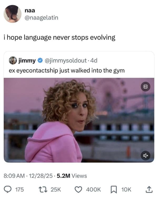 A relationship meme coining the term "ex eyecontactship" to describe the awkwardness of seeing a gym crush you never actually spoke to, featuring a startled Carrie Bradshaw.