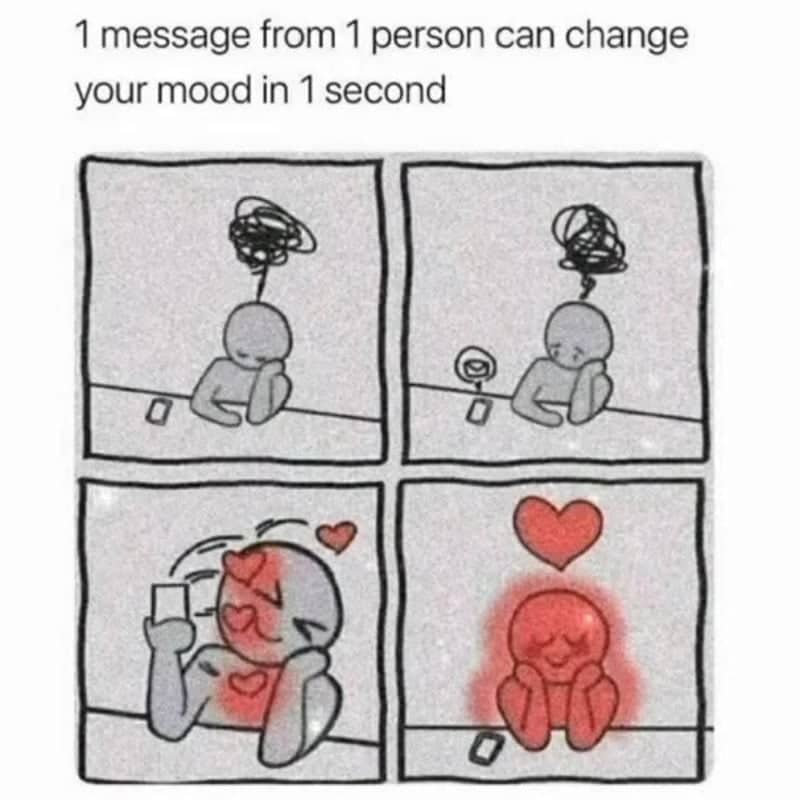 Four-panel illustration showing a sad character becoming happy after receiving one message from their favorite person.