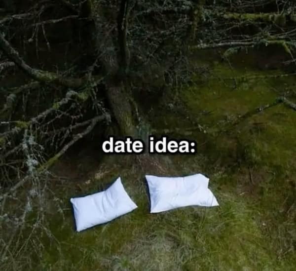 A surreal dating meme proposing a "date idea" that consists merely of two white pillows placed on the mossy floor of a dark, damp forest.
