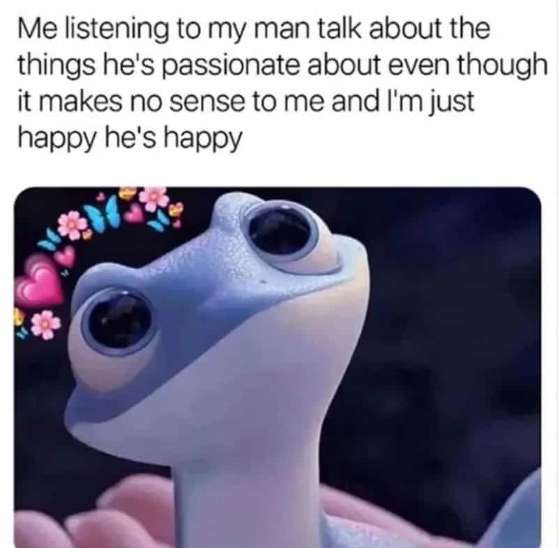 Adorable blue lizard with heart emojis listening intently to a partner talk about confusing passions.
