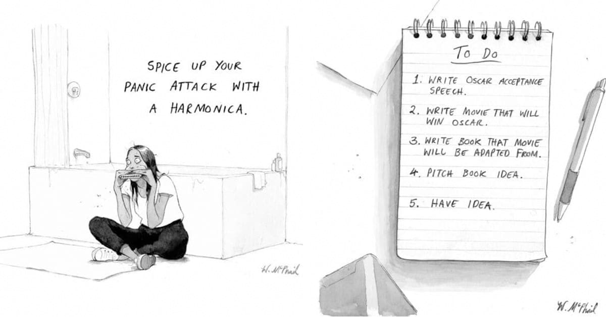 A compilation of Will Macphail Comics featuring the "Panic Attack Harmonica" woman and the "Loveless Void" man.