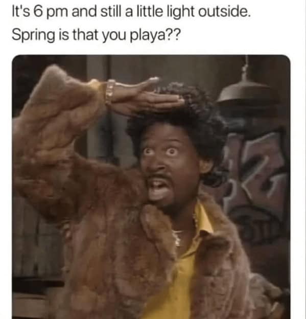 A hilarious waiting for spring memes entry featuring a shocked Martin Lawrence looking into the distance, perfectly capturing the disbelief when it is finally 6 PM and still a little light outside, asking "Spring is that you playa??".