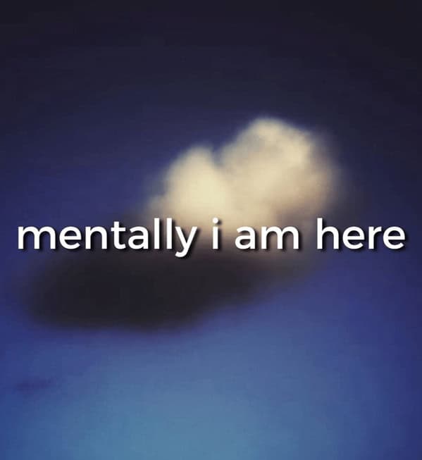 A deeply relatable and peaceful spring meme showing a beautiful, fluffy white cloud floating in a clear blue sky, overlaid with the text "mentally i am here" to capture the ultimate seasonal escapism.