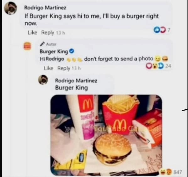 A technically correct meme showing a Facebook interaction where a user promises to buy a burger if the brand replies, but then posts a photo of McDonald's instead.