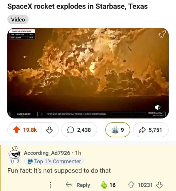 A technically correct meme from Reddit featuring a video of a massive rocket explosion with a dry comment noting that it is not supposed to do that.